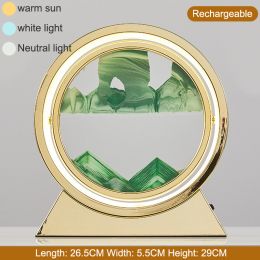 3D Hourglass LED Lamp 360Â° Moving Sand Art Table Lamp Sandscapes Quicksand Night Light Living Room Accessories Home Decor Gifts (Color: Gold-Green 29CM, Ships From: China)