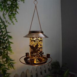 Solar Bird Feeder Decorative Hanging Bird Feeder Lantern Warm White Light Bird Feeder for Outdoor Garden Backyard (Color: Brass)